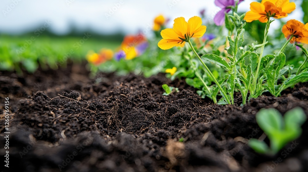 Vibrant flowers bloom above rich, dark soil, showcasing the beauty of nature and the connection between flora and earth. Vibrant flowers bloom above rich, dark soil, showcasing the beauty of nature and the connection between flora and earth.