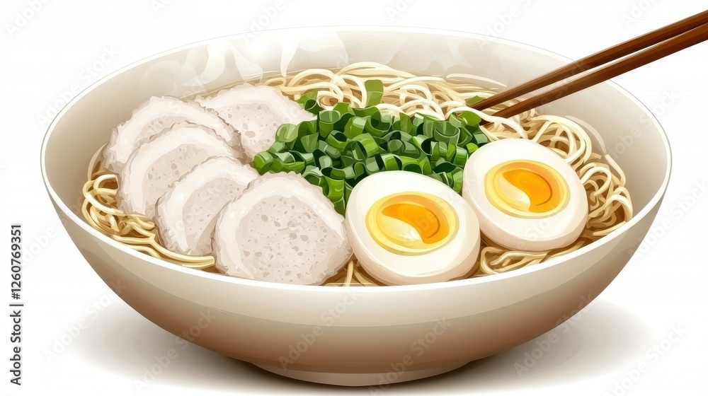 Delicious bowl of ramen with flavorful slices of pork, egg, and green toppings Delicious bowl of ramen with flavorful slices of pork, egg, and green toppings