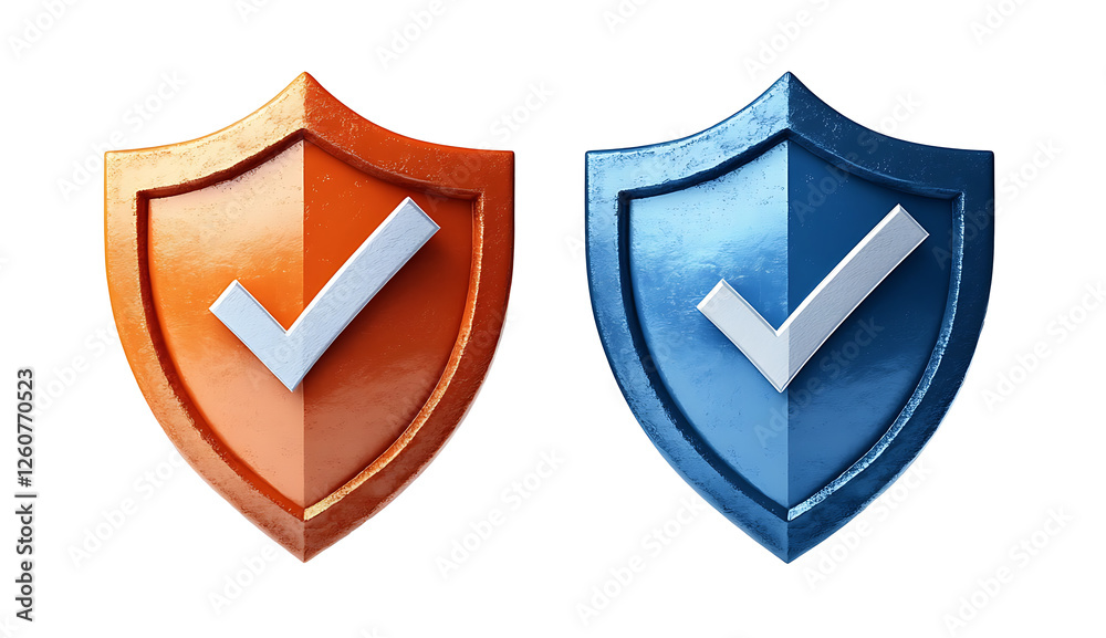 Isolated on a transparent background, image of two shields, one blue and one orange, each with a checkmark. Symbol of protection, security. high resolution PNG file Isolated on a transparent background, image of two shields, one blue and one orange, each with a checkmark. Symbol of protection, security. high resolution PNG file