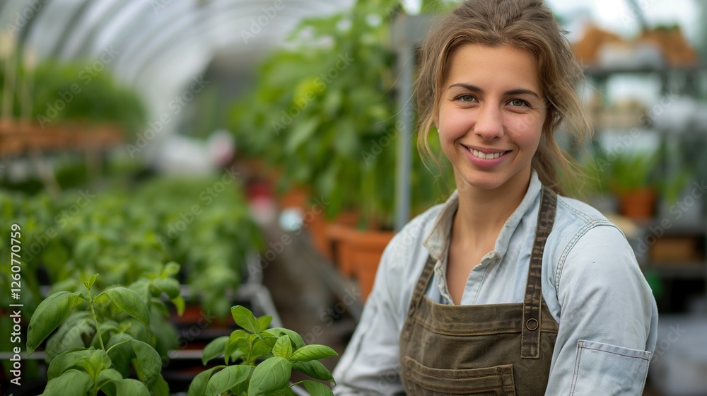 Female gardener smiling in greenhouse with basil plants portrait image. Woman farmer in rustic apron picture photorealistic photography. Horticulture hothouse concept photo realistic Female gardener smiling in greenhouse with basil plants portrait image. Woman farmer in rustic apron picture photorealistic photography. Horticulture hothouse concept photo realistic