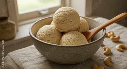 Creamy cashew ice cream in a rustic bowl by a sunlit window photo