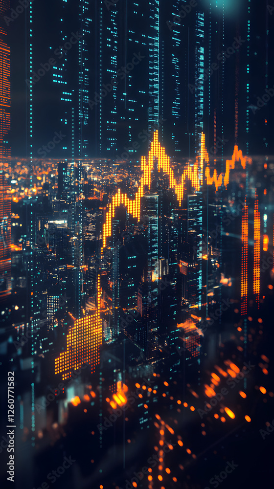 Obraz premium Cinematic shot of a holographic stock market chart, with a dark city background