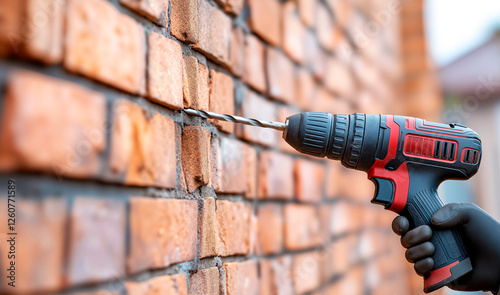 Cordless power drill drilling into a red brick wall.