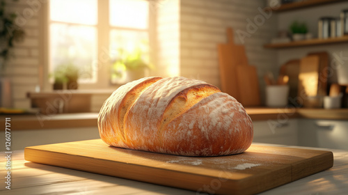 Wallpaper Mural Homemade crusty artisan bread on a wooden cutting board in a cozy kitchen with warm sunlight – fresh baking and traditional food photography Torontodigital.ca