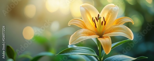 A captivating close-up of a single, vibrant yellow lily in full bloom set against a softly blurred natural background, showcasing the intricate details and beauty of its petals and stamens.
