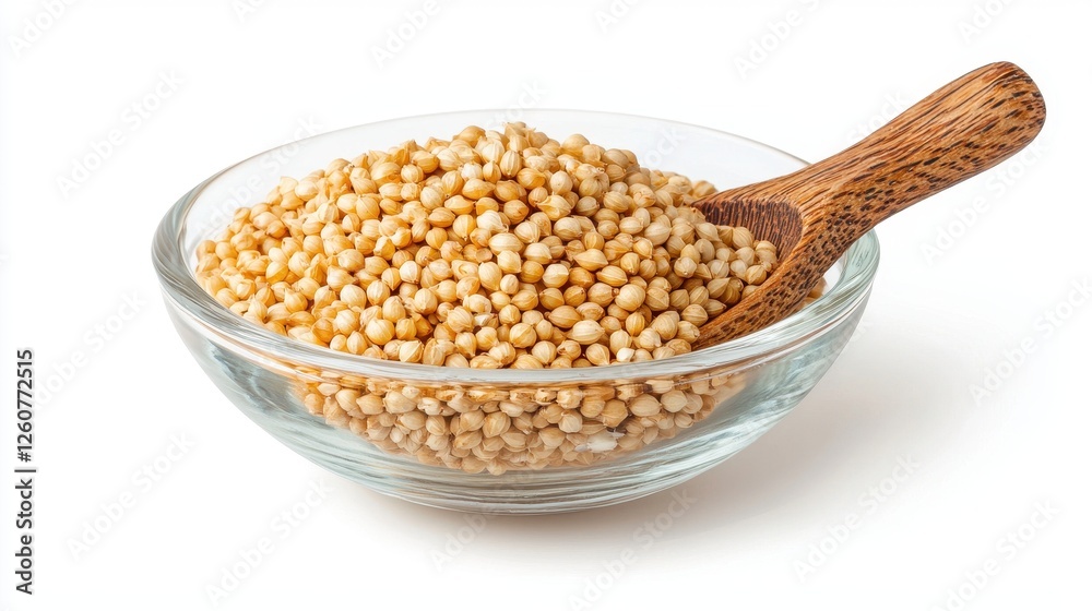 Raw Quinoa Grains in Clear Glass Bowl with Wooden Spoon on a White Background Raw Quinoa Grains in Clear Glass Bowl with Wooden Spoon on a White Background