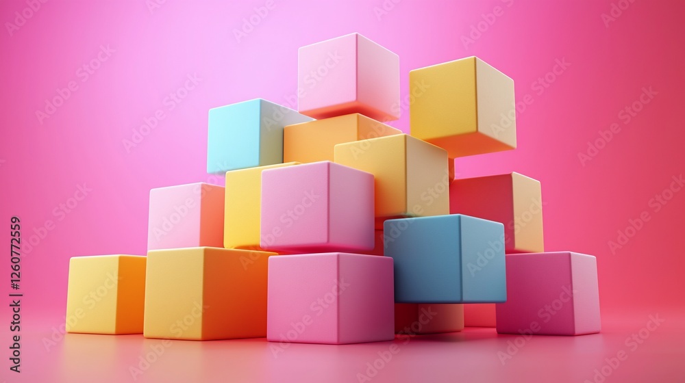 Colorful cubes stacked, pink background, abstract design, website banner Colorful cubes stacked, pink background, abstract design, website banner