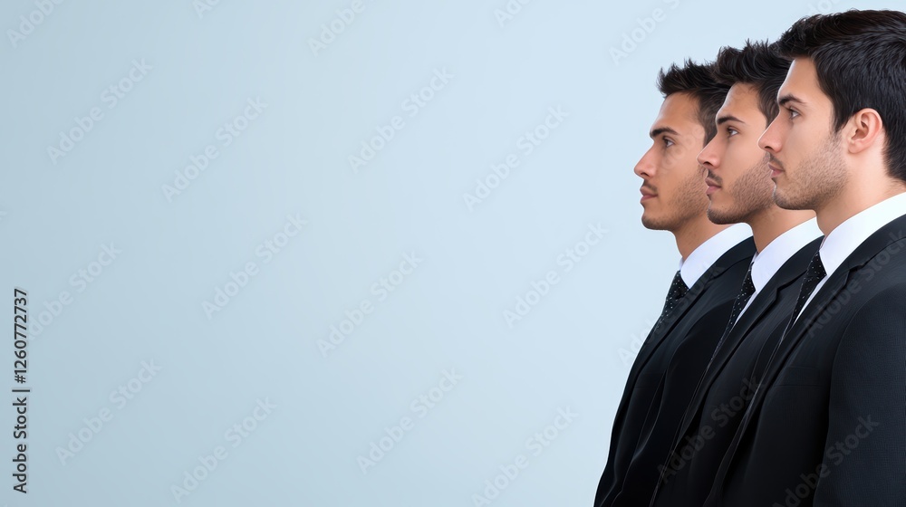 Side profile of three young hispanic males in suits facing left aligned in a row Side profile of three young hispanic males in suits facing left aligned in a row