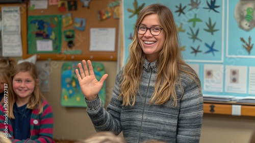 Cheerful glasses woman teacher leading interactive class portrait image. Happy educator, engaged students picture photorealistic photography. Knowledgeforall concept photo realistic