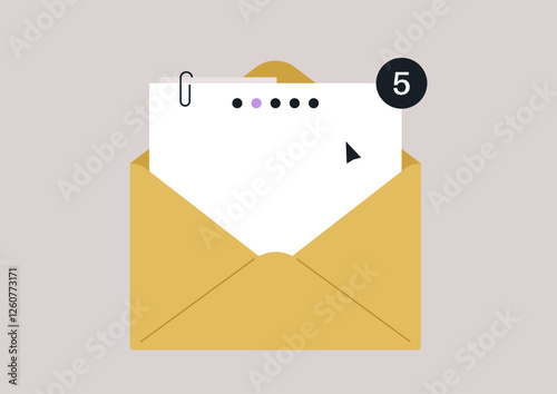 A vibrant yellow envelope holds several pieces of mail, hinting at communication and connection, The envelope is sealed, suggesting awaiting messages and correspondence