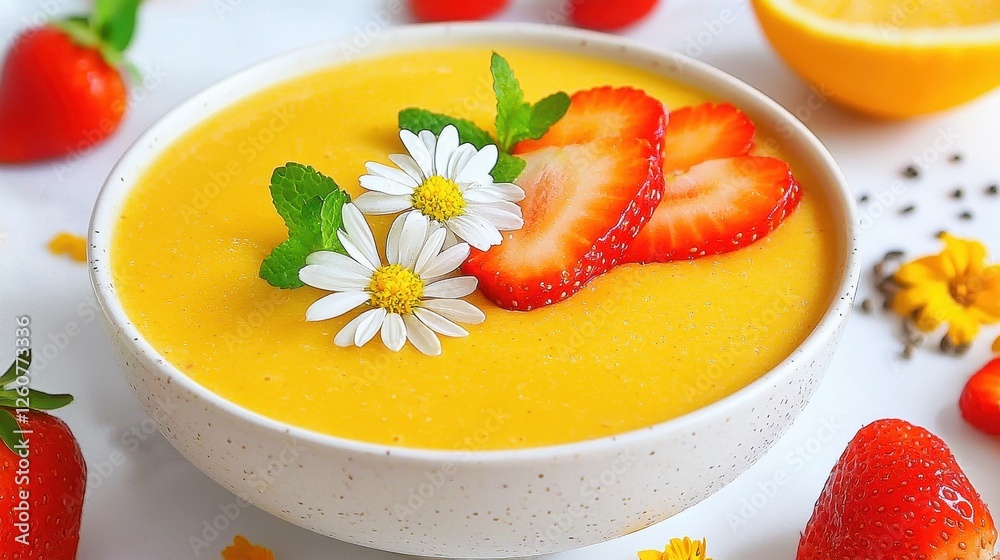 Fresh Citrus Dessert with Strawberries and Edible Flowers for Vibrant Summer Celebrations Fresh Citrus Dessert with Strawberries and Edible Flowers for Vibrant Summer Celebrations