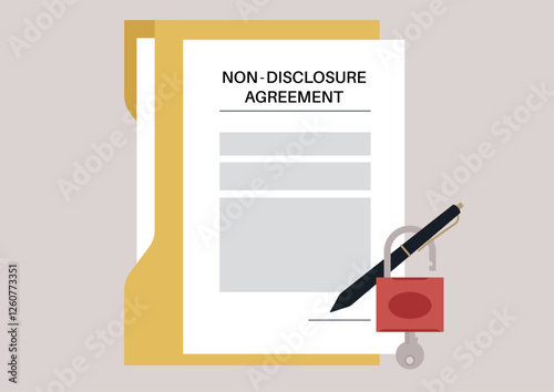 A non-disclosure agreement arranged with a padlock symbolizes the importance of confidentiality in business dealings, ensuring sensitive information remains protected and secure