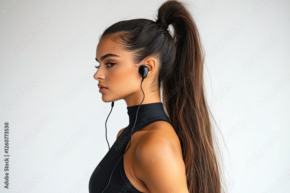 the back view of an attractive brunette woman with her hair in a ponytail, wearing earbuds and standing against a white background the back view of an attractive brunette woman with her hair in a ponytail, wearing earbuds and standing against a white background