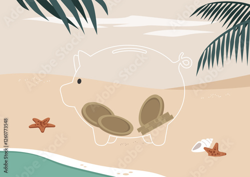 Vacation budget, a piggy bank enjoying a relaxing time off on a tropical beach surrounded by serene waves and sun-kissed sands