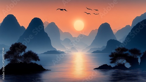 Serene Sunset Over Silhouetted Mountains and Calm Water