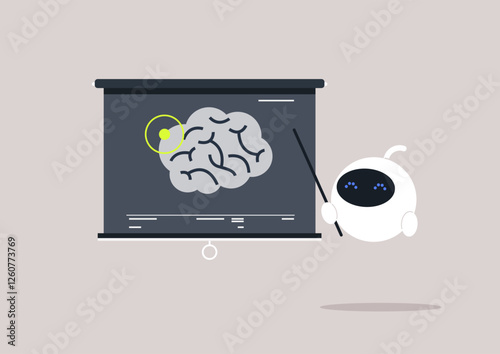 A small robot presents a complex illustration of the human brain, highlighting neural pathways and brain functions in an educational setting that sparks curiosity about robotics and neuroscience