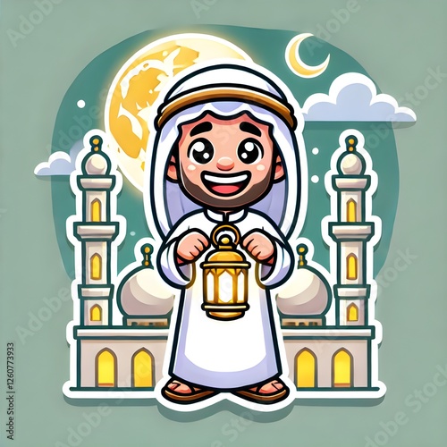 An Arab character holding a lantern in his hand for the month of Ramadan Mubarak