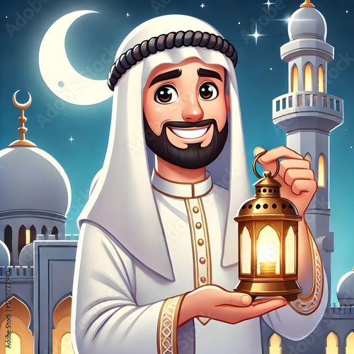 An Arab character holding a lantern in his hand for the month of Ramadan Mubarak