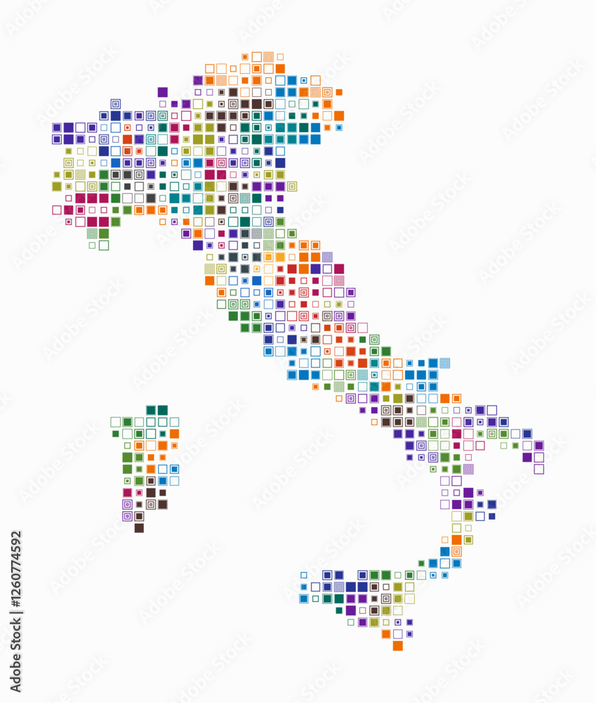 Italy, shape of the country built of colored cells. Digital style map of Italy on a white background. Small size square blocks. Creative vector illustration. Italy, shape of the country built of colored cells. Digital style map of Italy on a white background. Small size square blocks. Creative vector illustration.