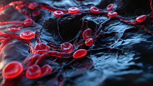Captivating abstract digital art image showcasing the intricate and mesmerizing microscopic structure of red blood cells or erythrocytes