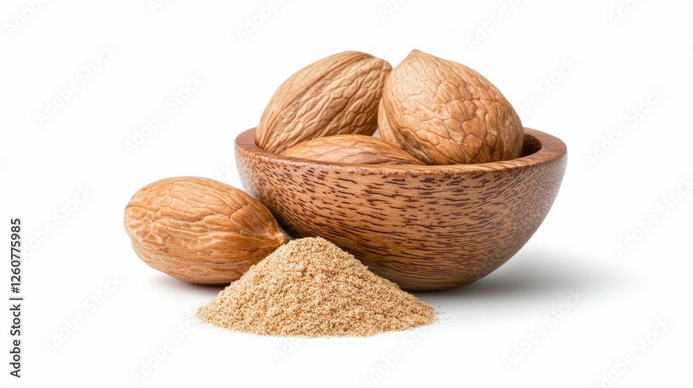 Natural Almonds and Ground Almond Flour in a Rustic Wooden Bowl on White Background Natural Almonds and Ground Almond Flour in a Rustic Wooden Bowl on White Background