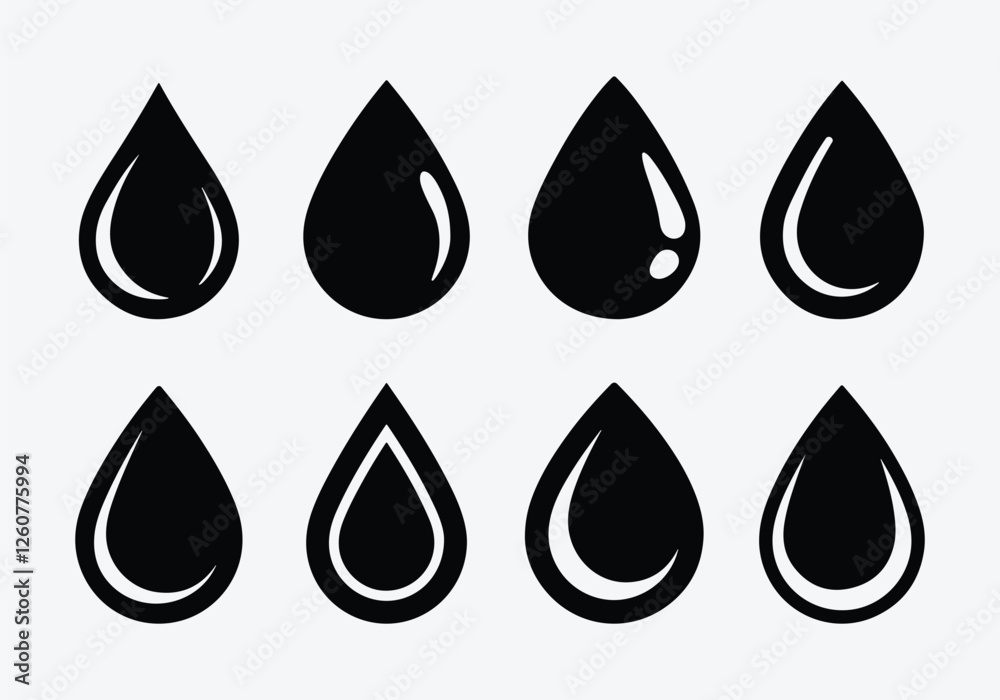 Water Drop Icon Set. Water Symbol Silhouette Set. Water Droplet Vector Collection. Hydration Drop Icon Series.