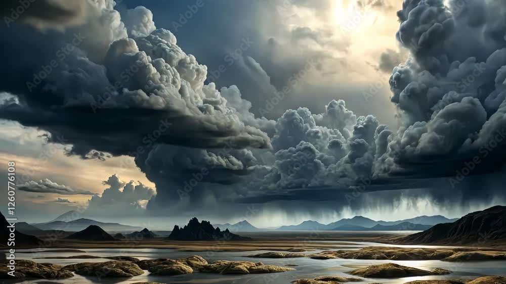 Majestic storm clouds gather over tranquil mountains by the serene lake under a dramatic sky at dusk. Generative AI
