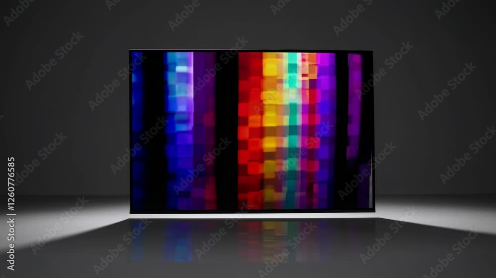 A vibrant abstract video display with colorful pixelated patterns. Shot from a straight-on angle, the screen glows against a dark background. A vibrant abstract video display with colorful pixelated patterns. Shot from a straight-on angle, the screen glows against a dark background.
