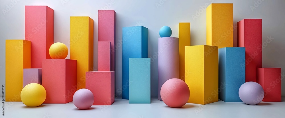 Colorful geometric shapes, studio background, spheres, cubes. Abstract design