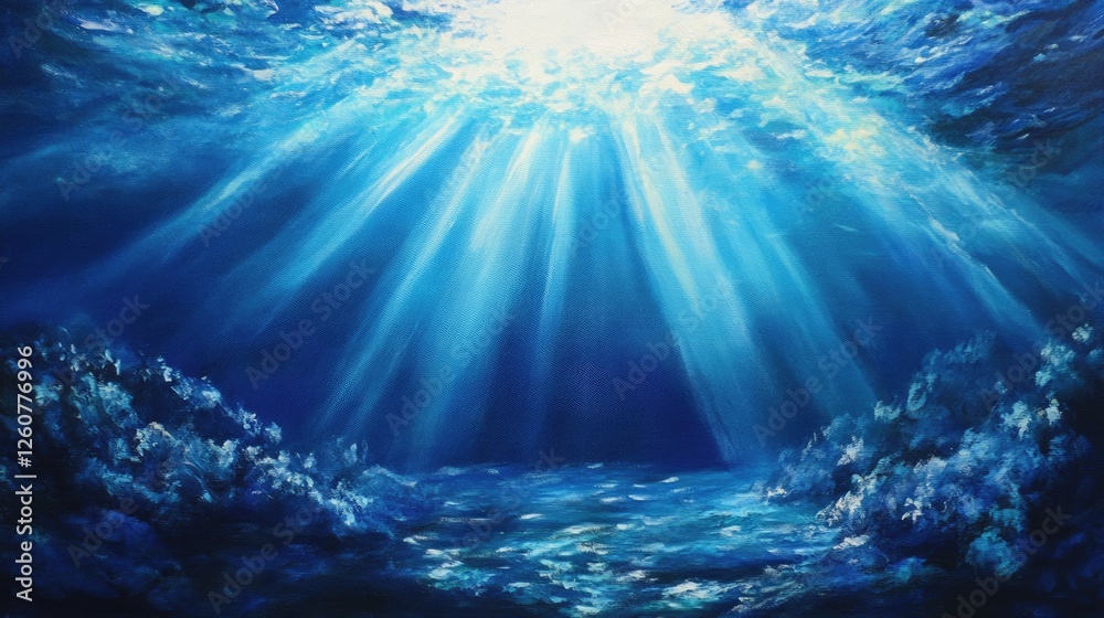Sunbeams and underwater ocean scene with deep blue light rays Sunbeams and underwater ocean scene with deep blue light rays