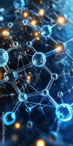 Mysterious glowing blue molecules intricate network scientific background atom molecule bond science chemistry physics research technology innovation abstract structure connection energy light