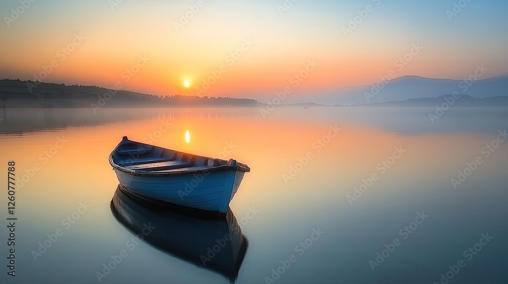 Sunrise view with a boat on a calm seaside horizon Sunrise view with a boat on a calm seaside horizon