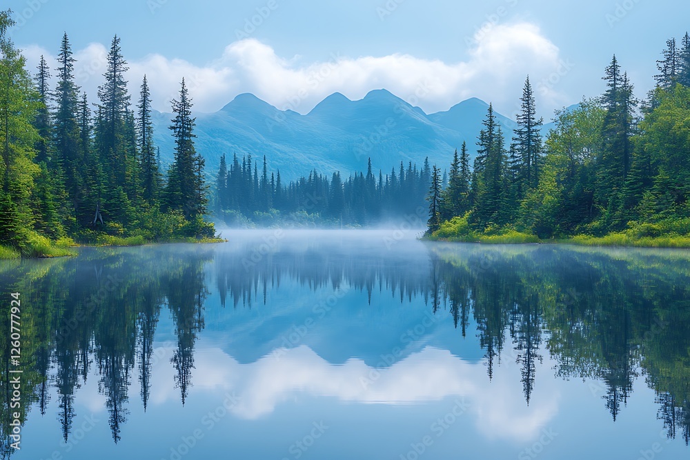 Serene lake reflecting majestic mountains and lush forests under a clear blue sky Serene lake reflecting majestic mountains and lush forests under a clear blue sky