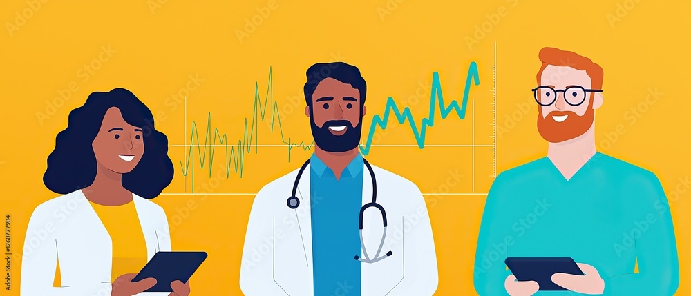 Fototapeta premium Stethoscope and digital health chart concept. Three healthcare professionals smiling, with a growing graph on a vibrant yellow background.