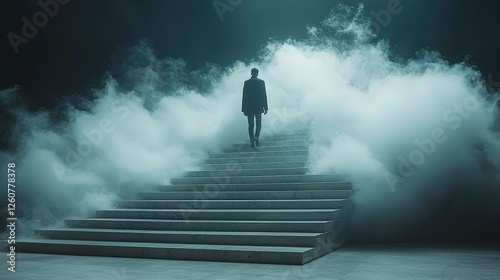 Wallpaper Mural Mysterious figure ascends dramatic staircase shrouded in fog, evoking sense of wonder and unknown Torontodigital.ca