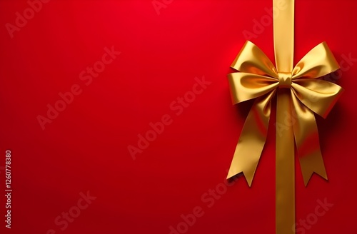 Golden bow with golden ribbon on red background. Copy space. Design.