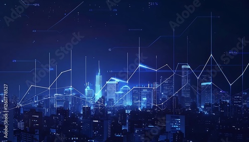 Modern cityscape with glowing forex chart. Trade and finance concept