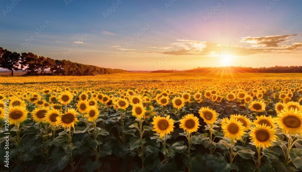 Fototapeta premium Scenic view of a sunflower field at sunset, creating a picturesque landscape with warm and vibrant colors