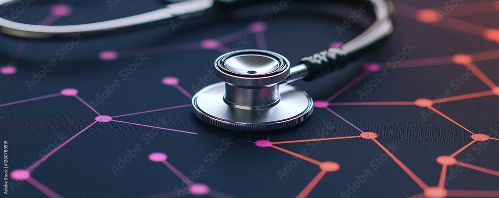 Stethoscope and digital health chart concept. Stethoscope on a digital background representing healthcare technology and innovation.