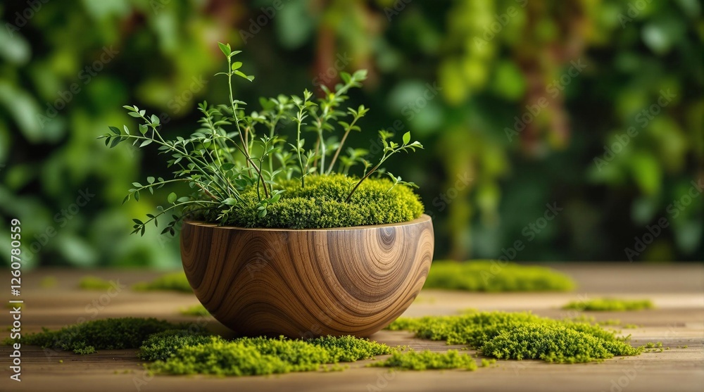 A wooden bowl filled with green plants placed on a wooden surface, with a blurred background suggesting a garden setting. A wooden bowl filled with green plants placed on a wooden surface, with a blurred background suggesting a garden setting.