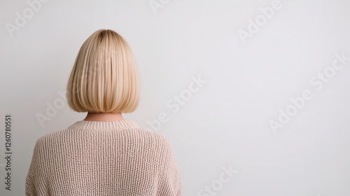 Serene blonde woman with bob haircut, facing away from camera conveying calmness and quiet confidence
