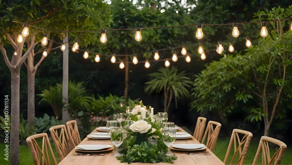 Fototapeta premium An inviting dinner setup in a lush green garden