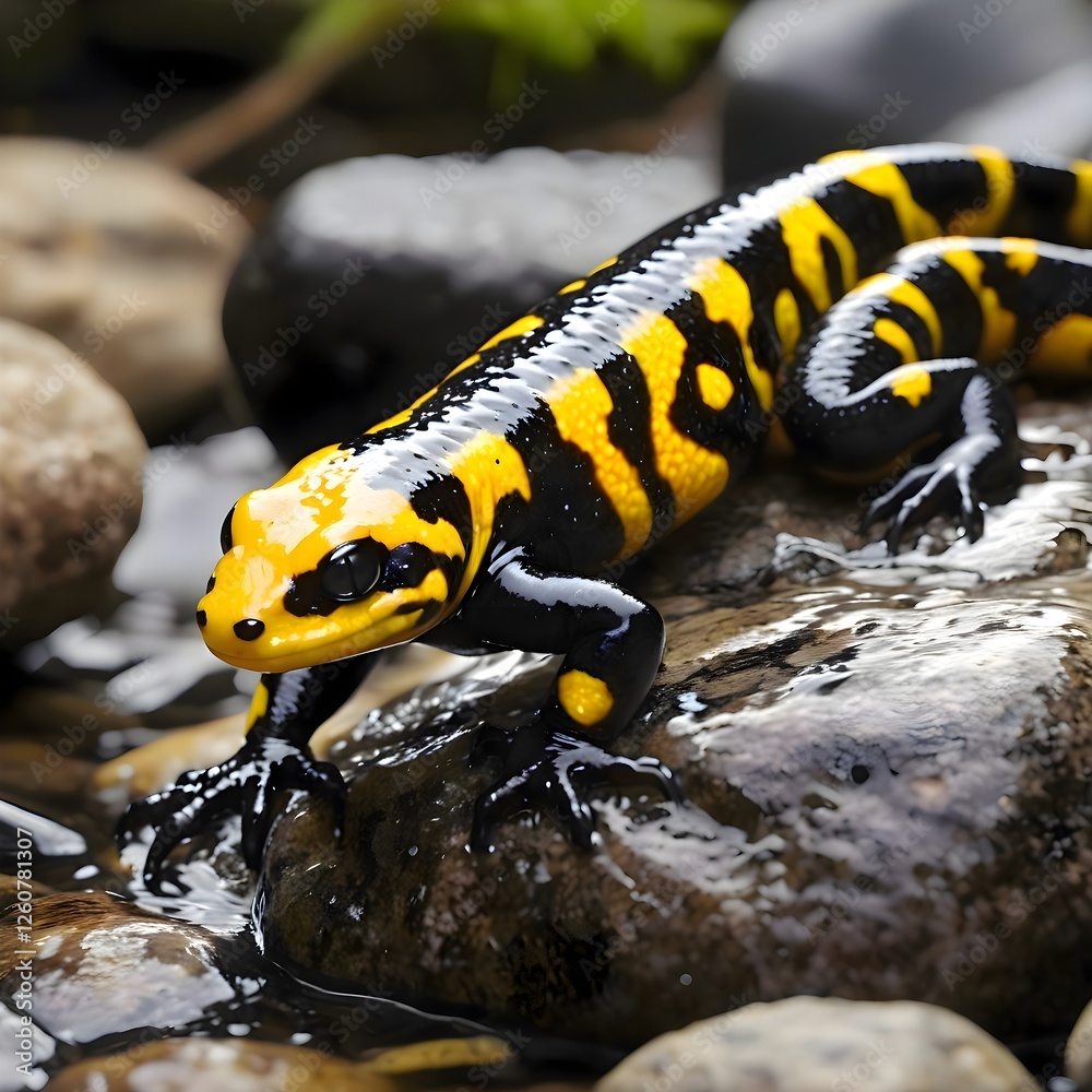 A tiny creature navigating the damp stones of a riverbank A tiny creature navigating the damp stones of a riverbank