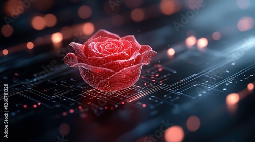 delicate, glowing red rose rests on circuit board, evoking sense of futuristic beauty and technological wonder