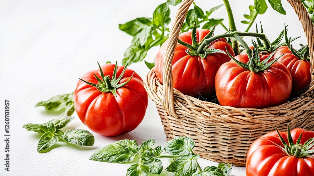 harvested tomatoes placed in a basket with green leaves, isolated on a white background Tomato fruit, plant, leaves, tomato cultivation, delicious tomato fruit Freshly harvested tomatoes, basket, harvested tomatoes placed in a basket with green leaves, isolated on a white background Tomato fruit, plant, leaves, tomato cultivation, delicious tomato fruit Freshly harvested tomatoes, basket,