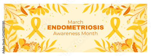 March Endometriosis Awareness Month Banner with Yellow Ribbon, Floral Decorations, and Light Yellow Background for Health Advocacy