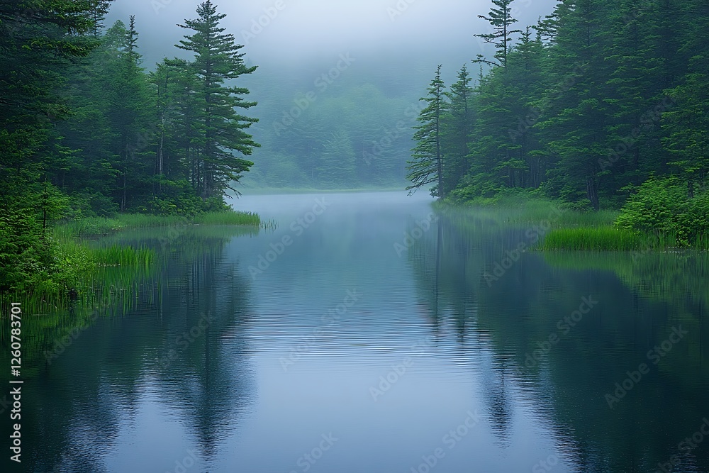 Serene misty lake surrounded by lush green trees reflecting in calm water at dawn (1) Serene misty lake surrounded by lush green trees reflecting in calm water at dawn (1)