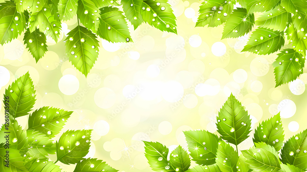 Fresh Green Leaves with Water Droplets and Bokeh Background Frame Fresh Green Leaves with Water Droplets and Bokeh Background Frame