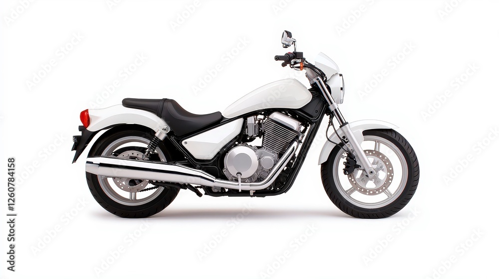 Side view of sleek, powerful white motorcycle radiating freedom and adventure Side view of sleek, powerful white motorcycle radiating freedom and adventure