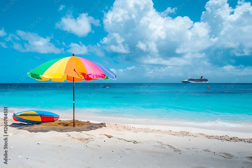 Colorful umbrellas on a tropical beach with a ship in the background Colorful umbrellas on a tropical beach with a ship in the background